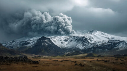Geological Drama in Iceland: Snow-Capped Volcano Emitting Steam Plume Over Lava Fields | Rugged Landscape with Distant Mountains & Fumarolic Vent | Telephoto Perspective