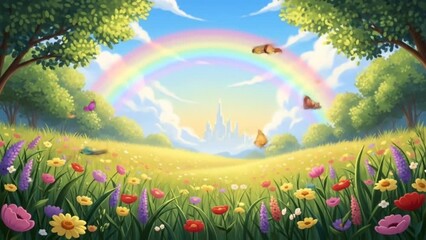 Colorful fantasy meadow with butterflies, blooming flowers, and bright rainbow arching above distant magical castle. Nature and fairytale concept - Powered by Adobe
