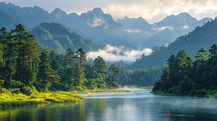 Serene mountain river valley at dawn. Lush green forests hug the tranquil river, with misty mountains rising in the background
