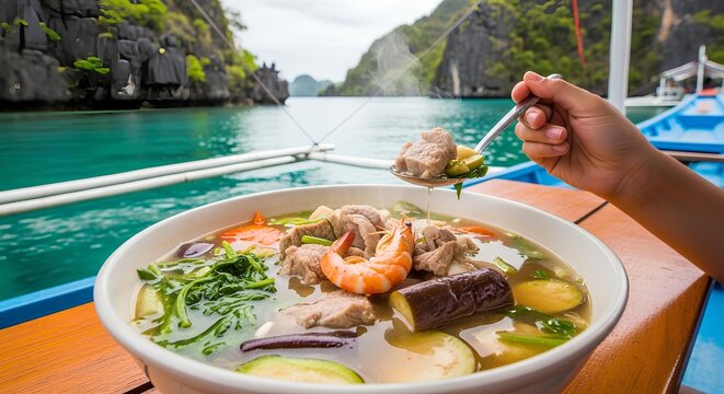 Enjoying a Hot Bowl of Filipino Sinigang Soup on a Tropical Vacation