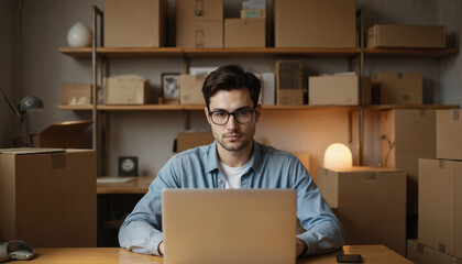 Young entrepreneur works on laptop in home office surrounded by cardboard boxes. Small business owner manages startup operations, inventory, shipping. Focused male operates computer at desk with