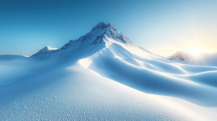 Majestic snow-capped mountain peak bathed in sunrise light.  Vast, pristine, winter landscape