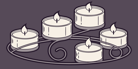 A group of white candles in modern stand in different sizes, all lit and burning, shown in a realistic style on a dark purple background vector illustration.