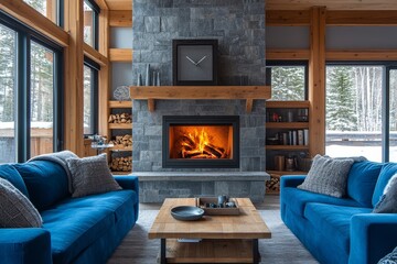 Two blue sofas placed near a fireplace. Scandinavian home interior design for a modern living room in a chalet, Generative AI