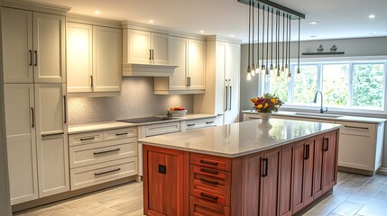 Fototapeta premium Full wall white cabinetry, grey speckled countertops, warm red birch wood island with paneled drawers, and vertical rod-style lighting above the center.