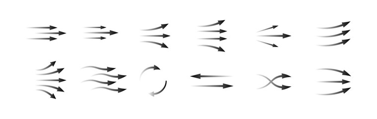 Various black arrows illustrate air flow, movement direction, motion concepts, and dynamic paths.