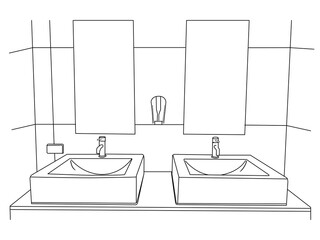 Line drawing of washbasin and mirror ,bathroom sink basin and mirror,House hold equipment with faucet,vector illustration bathroom sink.

