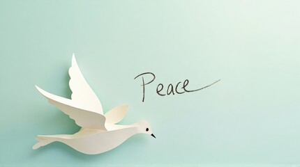 Obraz premium White Paper Dove Flying Over Light Blue Background with Peace Handwritten Message