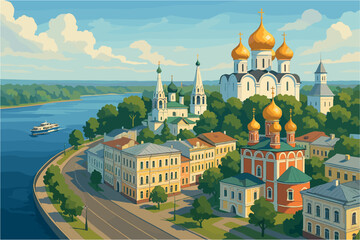 Scenic Yaroslavl city view with golden‑domed churches on Volga River