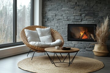 Round coffee table placed between a wicker chair and a sofa, positioned against a fireplace. Scandinavian home interior design for a modern living room with a stone cladding wall, Generative AI