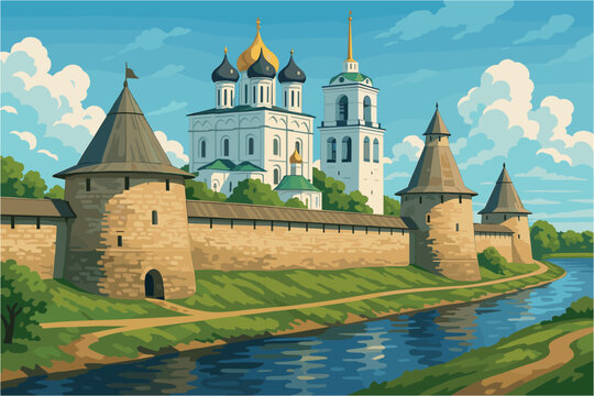 Fortified Pskov cityscape with river, kremlin towers, and cathedral domes