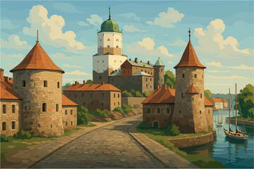 Fototapeta premium Historic Vyborg view with medieval towers and northern harbor
