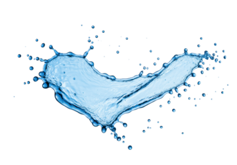 A pristine clear blue water splash, dynamically frozen mid-air with elegant curves and tiny droplets, isolated on a transparent, shadow-less background with copy space, captured with high-speed studio