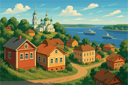 Small Russian town scene with riverbanks, ferries, and classic houses