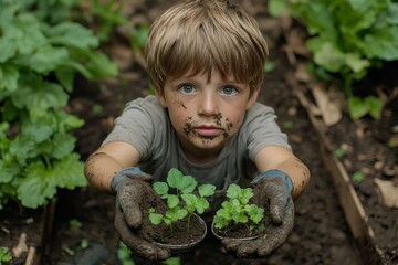 Young boy with dirty hands after gardening, taking care of small vegetable plants in a raised bed, capturing the essence of childhood learning and outdoor activity, Generative AI
