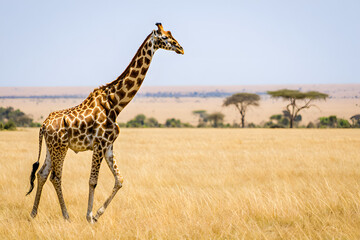 Obraz premium A long-necked giraffe stands tall in the wild African savanna, a magnificent mammal of nature's safari