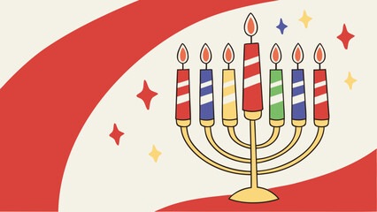 A group of colorful candles of different sizes, all lit and burning, shown in a realistic style on a red white background vector illustration.