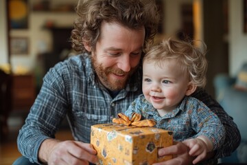 Dad receiving a handmade gift from his young son, wrapped in DIY homemade wrapping paper, celebrating Fathers Day and the joy of family traditions, Generative AI