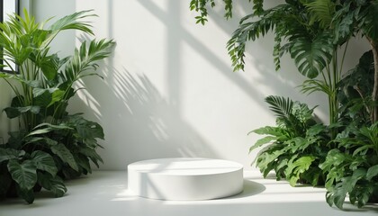 Minimalist white cylinder pedestal surrounded by tropical foliage, casting soft shadows on clean white wall. Natural light creates bright, airy atmosphere suitable for product display, presentations,