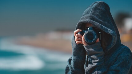 Fototapeta premium Figure in Dark Hoodie Capturing Ocean with Digital Camera: Realistic Daytime Blue Sky Background, Side Focus on Lens and Coastal Details
