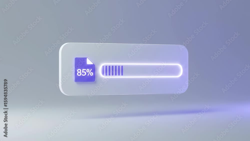 Poster 3d render of file icon with 85 percent and progress bar. realistic download uploading process or dat