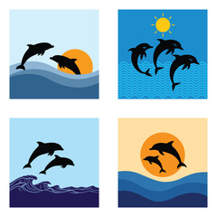 Obraz premium Dolphin Silhouette Jumping Over Ocean Waves at Sunset