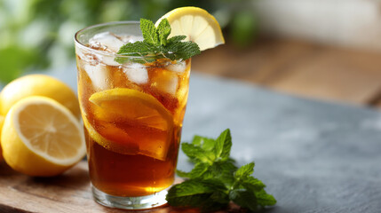 Refreshing iced tea with lemon slices and fresh mint leaves on wooden table