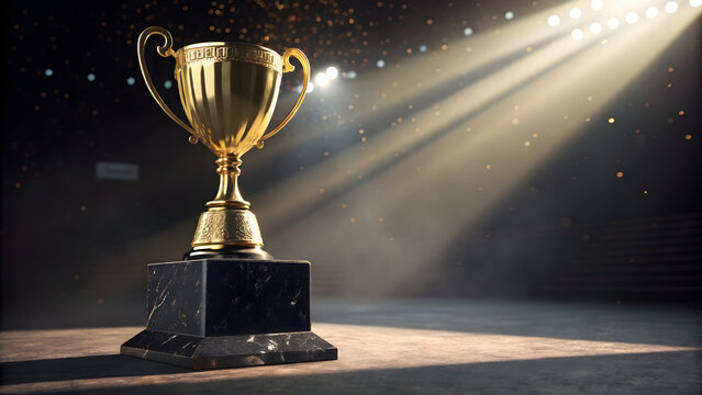 A shiny gold championship trophy cup stands isolated on a black background, symbolizing success, victory, and first place achievement