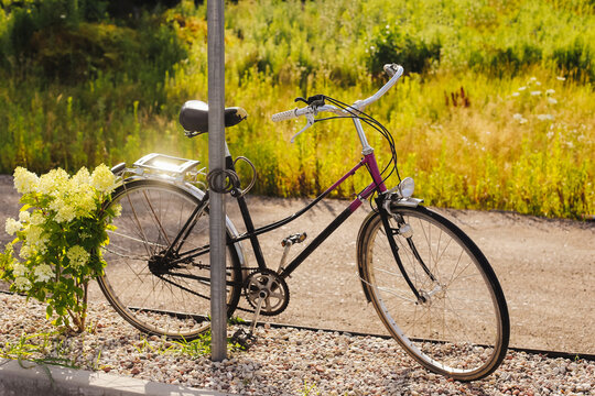 Old vintage bicycle parked by a post. Classic black city bike locked on a gravel roadside. Summer sunlight and green field background. Peaceful outdoor scene with plants and shadow on pavement.