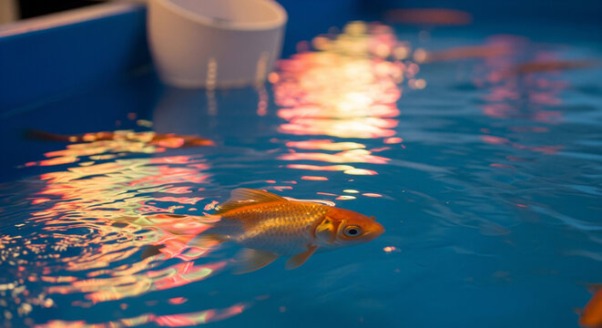 Goldfish in a goldfish scooping tank with the light from a summer festival stall reflecting on the water surface