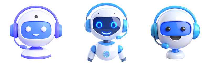Cute robot headset blue white cartoon technology communication smiling futuristic friendly isolated digital artificial intelligence chatbot 3D character modern innovation service assistant gadget