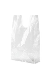An empty, clear, crinkled plastic disposable shopping bag with integrated handles, subtle creases catching light, isolated on a bright, transparent background with ample copy space, concept of