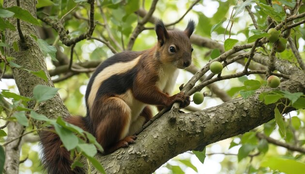 Indian giant squirrel, also known as Malabar giant squirrel, rests on tree branch in rich green foliage. Large rodent, native to India, displays striking brown, black, cream fur. Squirrel fluffy
