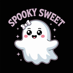 Playful ghost with little flower and sparkles, spooky sweet header in soft script, cheerful expression under a night sky  