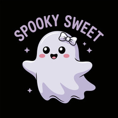 Adorable ghost with white hairbow and pink blush, spooky sweet caption above, floating with sparkles on black background  