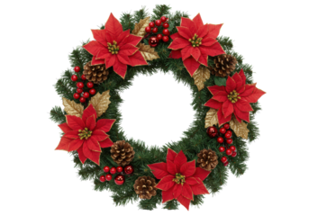 A classic Christmas wreath with dark green artificial pine, red poinsettia flowers with golden accents, red berries, and brown pinecones, isolated on a transparent background with copy space,