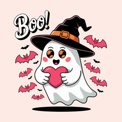 Happy ghost in black hat joyfully holding a heart with blush, Halloween bats fluttering around, playful boo greeting style  
