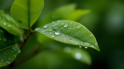Green leaf with water droplets showing freshness and vibrant nature close up