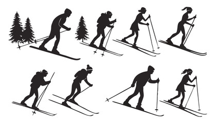 Diverse black and white vector silhouettes of cross-country skiers, men and women, performing various Nordic skiing techniques in winter landscapes.