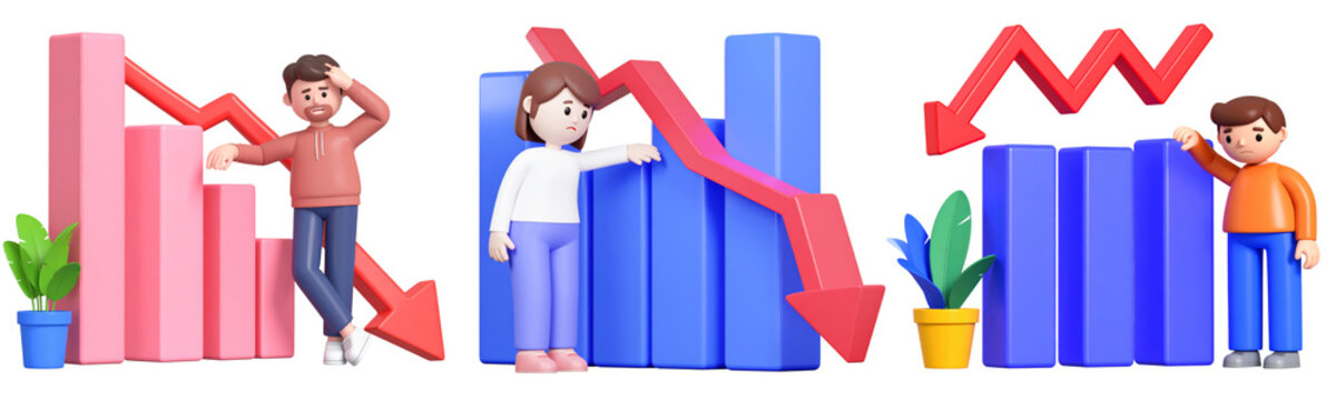 3D illustration of worried people standing by bar charts with red downward arrows, symbolizing financial loss, business decline, or economic crisis, with plants beside graphs