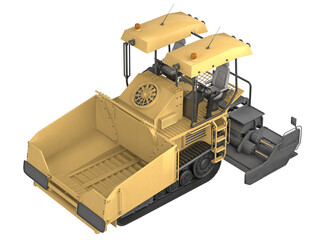 Professional asphalt paver finisher machine for road construction. Heavy-duty tracked equipment with operator cabin and screed system for pavement laying projects. 3d rendering