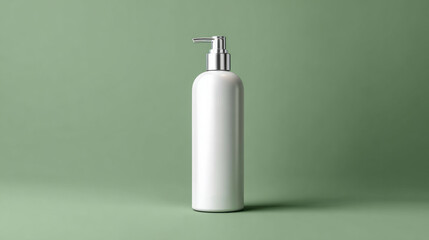 White bottle with silver pump on green background for skincare product