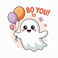 Excited cartoon ghost with bright balloons, boo to you message, soft stars around, joyful Halloween pop art vector  