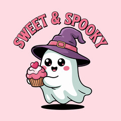 Friendly ghost witch holding cupcake with cherry, sweet and spooky phrase, Halloween dessert lover character, cute pastel style  
