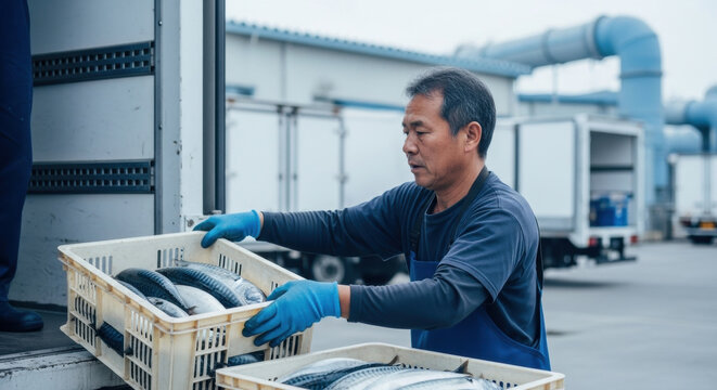 Worker loading fresh fish in crates onto a delivery truck at industrial seafood processing facility on a clear day