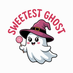 Cute blushing ghost in magic hat with candy, sweetest ghost caption, pastel Halloween vibe, playful trick or treat design  