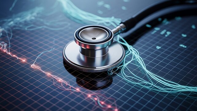 A stethoscope rests on a digital display of medical data and analytics