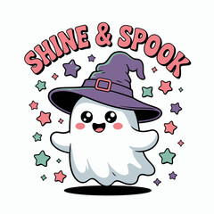 Happy white ghost with glowing cheeks, purple star halo and hat, shine and spook text, magical Halloween cartoon drawing  