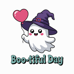 Happy ghost wearing witch hat and pink heart balloon, boo-tiful day quote, pastel colors and friendly Halloween feel  