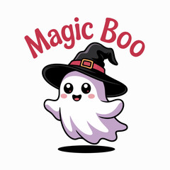 Grinning ghost floating in wizard hat, magic boo wording, tiny Halloween spellcaster style with charm vector  